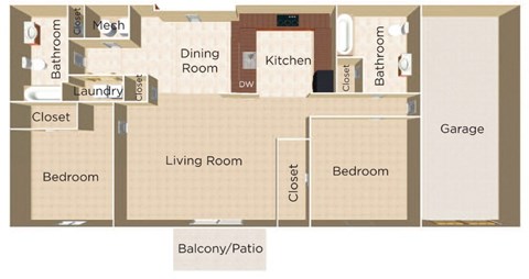 Floor plan for 2 beds, 2 baths, 939 sqft